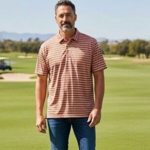 Dunning Men’s Sz Lrg Orange Gray Striped Pull Over Polo Golf Classic Shirt